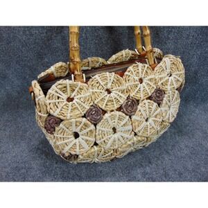 Patricia Nash Handbag Straw Bamboo Handle Woven Leather Trim